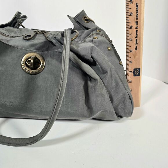 Baggallini‎ Valencia Shoulder Bag Nylon Gray Turnlock Studs Tote Travel - Picture 15 of 16